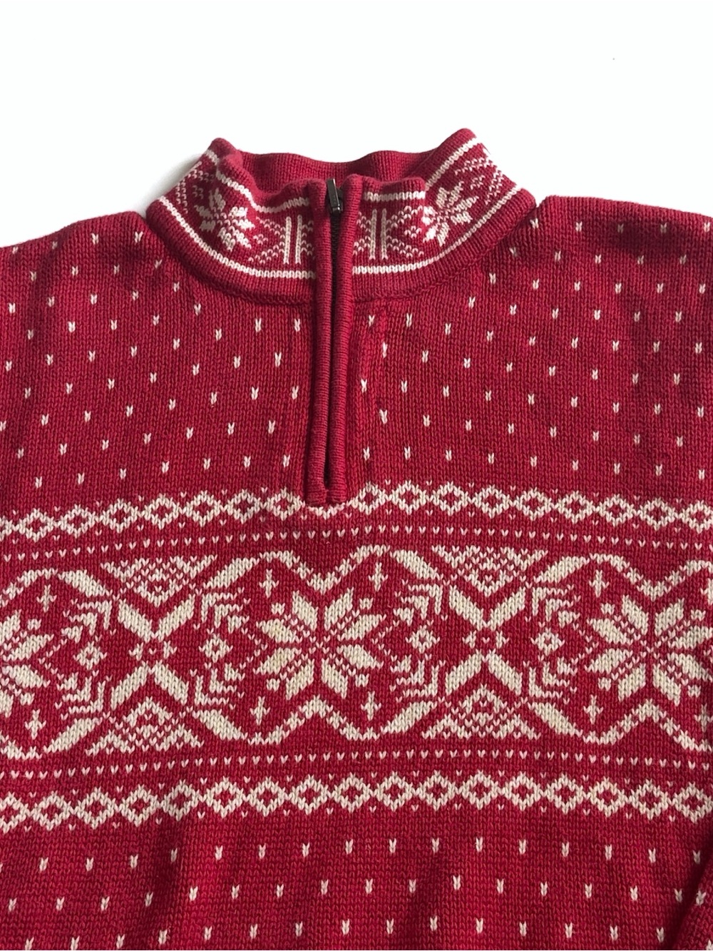 Vintage Lands End Nordic Ski Sweater Womens XL Red 1/4 Zip Snowflakes Fair Isle - Picture 2 of 11